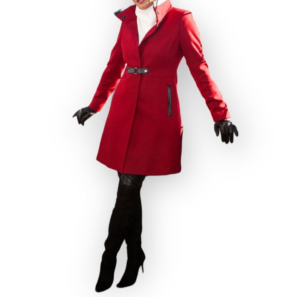 Via Spiga Red Wool + Black Faux Leather Posh Peatcoat - Picture 1 of 16